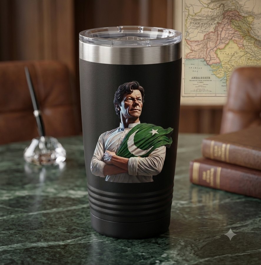 IK Texas insulated tumbler featuring Imran Khan with the Pakistan flag